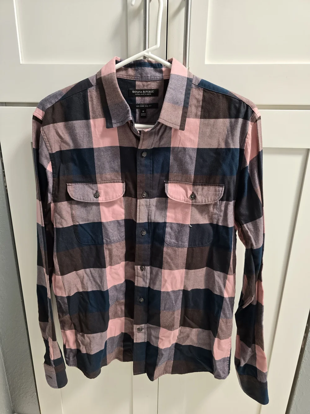 Banana Republic Pink Navy Buffalo Check Flannel Long Sleeve Shirt size Large